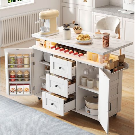 Carrello da cucina, 120x42(60)x93 cm, in MDF, bianco, con piano pieghevole, 5 ruote, telaio della porta, portabottiglie e portabicchieri (1/5)