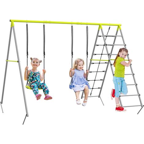 Dans le jardin, jeux à plusieurs avec portique balançoire enfant 4 en 1, 2 sièges, échelle et filet d'escalade (1/5)