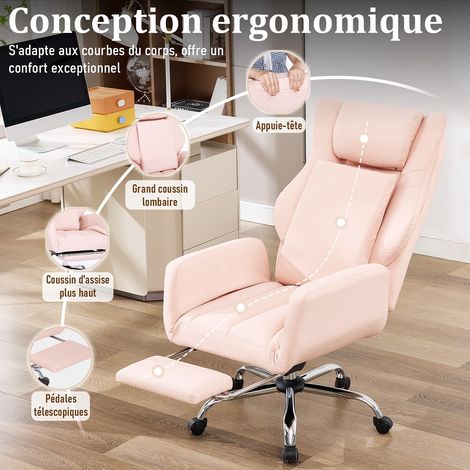 Chaise de Bureau en Cuir PU Rose, Ergonomique, Dossier Réglable 90°-135°, Pivotante 360°, Repose-Pied, Accoudoirs Rabattables, Roulettes Silencieuses (1/5)