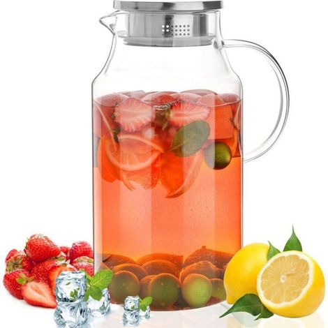 Pichet en verre de 2000 ml avec couvercle, carafe de 2 L pour jus et thé glacé avec couvercle (1/5)