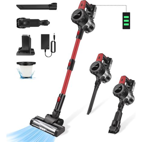Aspirateur à main sans fil, puissance d'aspiration de 15 000 Pa, fonction 8 en 1, avec éclairage LED, filtre HEPA, équipé d'outils de nettoyage multi-surfaces, correspondance des couleurs rouge et noi