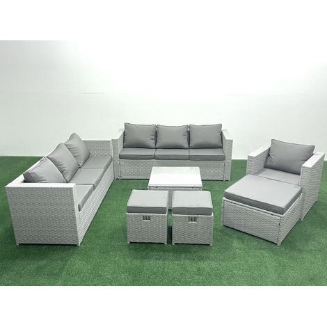 Fimous Polyrattan Sofa Gartenmöbel Set mit Sessel Quadratischer Couchtisch 3 Hockern Hellgrau gemischt