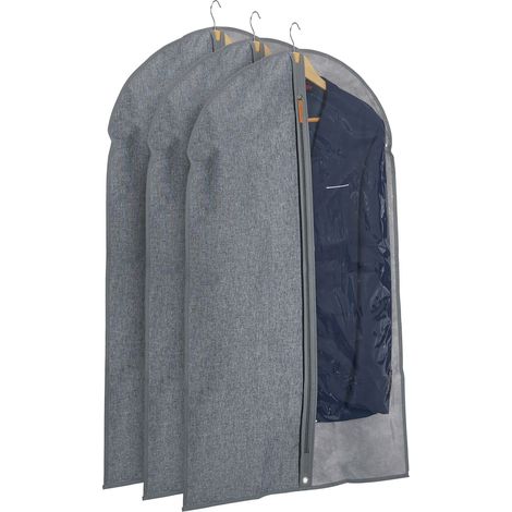 Relaxdays Portatrajes en Set de 3, con Cremallera, 99 x 58 cm, Funda Protectora Traje, Vestido, Gris y Transparente