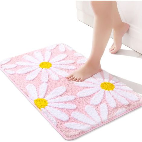 Tapis de salle de bain rose tapis de bain marguerite mignon tapis de décor de fleurs blanches et jaunes tapis de sol antidérapant tapis de bain en microfibre 16 "x 24" (1/5)