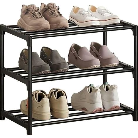Étagère à chaussures à 3 niveaux, petite étagère à chaussures mince, revêtement antirouille, adaptée pour dortoir, maison de location, balcon, étagère à chaussures étroite empilable (noir, 3 (1/5)