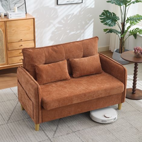 Divano 2 posti 127 cm marrone in tessuto chenille con tasche laterali e cuscini inclusi (1/5)