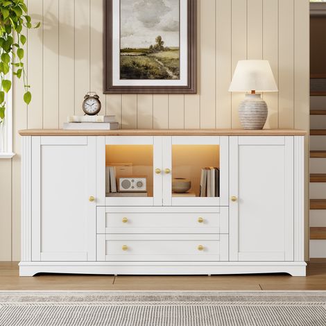 Aparador de salón 160 x 40 x 80.5 cm con 4 puertas de las cuales 2 de cristal, 2 cajones - mueble moderno con luces led controlables por app, tiradores de hierro - estilo contemporáneo - MDF - blanco (1/5)