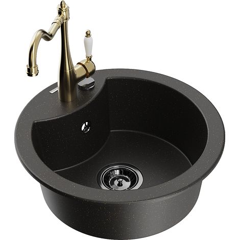 Mexen Diego Granitspüle einteilig mit Küchenarmatur Carla, schwarz/gold metallic - 6512-75-670700-50-B (1/5)