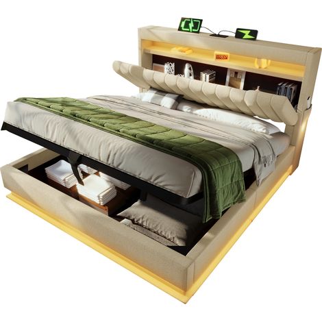 Lit coffre 180x200 cm en tissu beige avec tête de lit de rangement, LED, USB-A et USB-C, structure métal, sans matelas, pour chambre moderne CHICFURN (1/5)