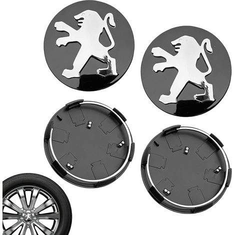 Cache Moyeu pour Peugeot, 4 pièces Logo pour Peugeot, Autocollant pour Peugeot, Enjoliveur pour Peugeot 208, Pièces Automobiles, Noires, étanches à l'eau et à la poussière, avec Logo. (1/5)