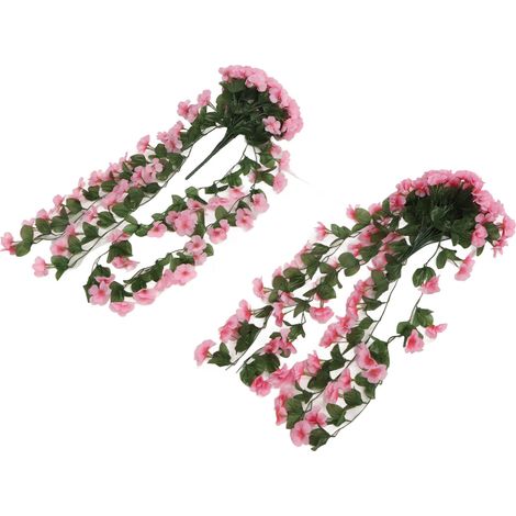 Lot de 2 fleurs artificielles violettes suspendues, plantes en plastique simulant la couleur rose, pour la décoration de jardin, terrasse, porche ou extérieur (mariage). (1/5)
