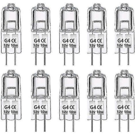 Lot de 10 ampoules halogènes G4 10 W 12 V à intensité variable, culot à 2 broches, blanc chaud transparent, pour l'éclairage (1/5)