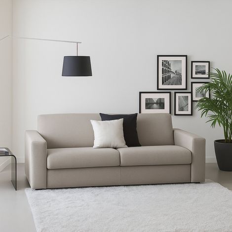 Talamo Italia Divano fisso Rosanna, Divano a 2 posti Large, 100% Made in Italy, Sofà Soggiorno in tessuto imbottito, con Braccioli standard, Cm 200x95h90, Tortora, con imballo rinforzato (1/5)