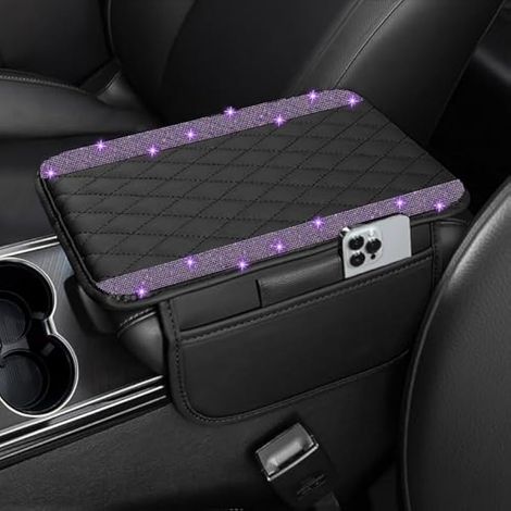 Bling Housse d'accoudoir central de voiture en cuir avec 2 sacs de rangement – Boîte de rangement universelle pour la plupart des véhicules (violet) (1/5)