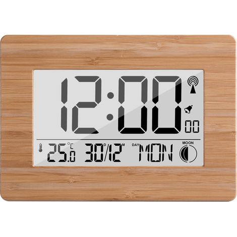 Horloge numérique radiopilotée avec signal horaire, boîtier en bambou véritable, écran LCD, thermomètre, réveil et calendrier. Pile incluse.