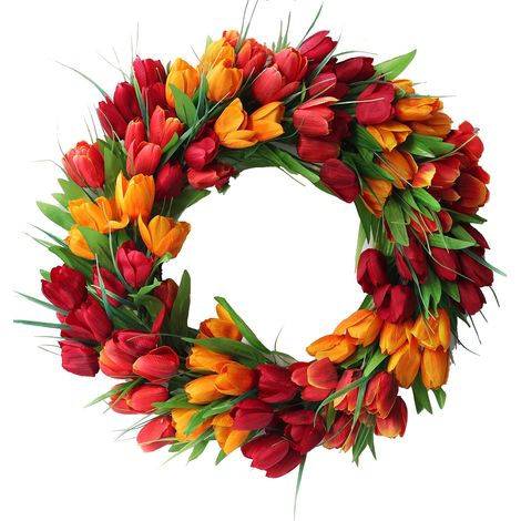 Couronne de tulipes décorative pour mur, design réaliste avec fleurs artificielles rouges et jaunes et feuilles vertes, cadeau idéal pour un mariage de printemps ou d'été-AquaForge (1/5)