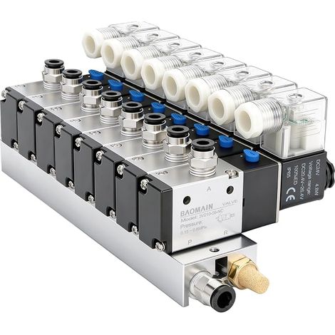 Kit Elettrovalva Pneumatica 3V210-08 DC 24V, Collettore a 8 Stazioni con Base, 3 Voie 2 Posizioni, Silenziosi e Raccordi PT 1/4", Ensemble Completo per Automazione (1/5)