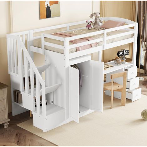 Cama alta dormitorio con armario y escritorio blanca OKMYHOME (1/5)