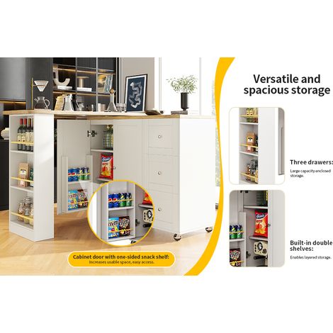 Table haute pivotante à 360° (135-203 x 39 x 106cm) sur roulettes, blanche, avec trois tiroirs. Livré avec porte-snack. Îlot de rangement multifonction, adapté pour cuisine et salon. (1/5)
