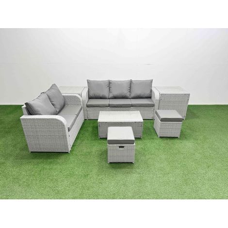 Fimous 7 Seater PE Rattan Wicker Garden Furniture Patio Conservatory Sofa Set with Rectangular Coffee Table 3 Seater Sofa Love Sofa 2 Stools 2 Side Table (1/4)