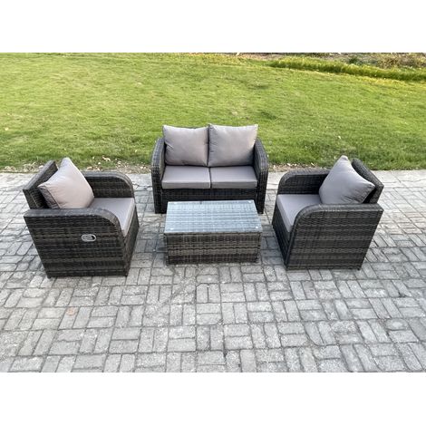 Fimous 4 PC Outdoor PE Rattan Gartenmöbel Set Wicker Liebe Sofa Couchtisch 2 Sessel Dunkelgrau Gemischt (1/5)