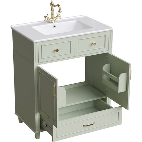 Meuble sous lavabo avec vasque en céramique, tiroir à fermeture douce, meuble de salle de bains moderne avec grand espace de rangement, poignées métalliques et trop-plein – 81 × 45,5 × 86,5 cm – Vert