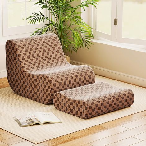 GOPLUS Chaise Poire Pouf avec Ottoman, 2 en 1 Chaise Paresseuse avec Remplissage en Mousse, Housse en Peluche Douce Lavable pour Adultes, Fond Antidérapant, Canapé de Sol pour Salon, Chambre (Marron) (1/5)