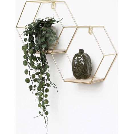 Vivol – Étagère murale hexagonale en métal avec 2 tablettes en bois – Dimensions 30,5x41 cm – Style moderne et industriel – Facile à monter