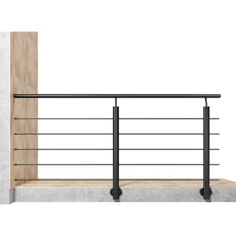 Garde-corps aluminium noir mat 2m, avec 5 traverses et 1 main courante, pose latérale contre le mur, en kit complet (1/2)