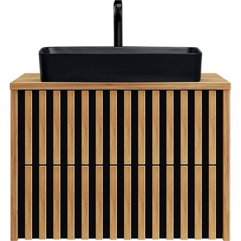 Badezimmer Waschtisch 80 cm mit Lamellenfront, Aufsatzwaschbecken schwarz LUCCA-107 in Eiche Nb., B/H/T: ca. 80,4/73,5/45,5 cm (1/5)