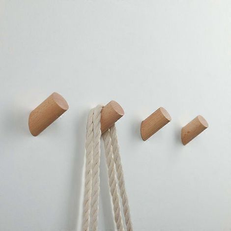 Lot de 4 patères murales en bois cylindriques avec 6 vis pour suspendre vêtements, chapeaux et écharpes dans une chambre, un couloir ou un salon. (1/5)