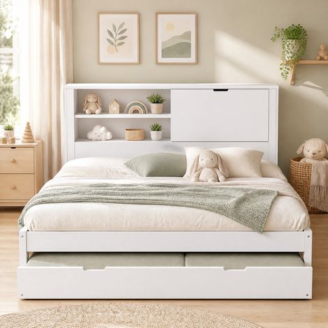 Lit banquette moderne en bois blanc 140x190 cm avec lit gigogne 90x190, tête de lit rangement et USB/USB-C (1/5)