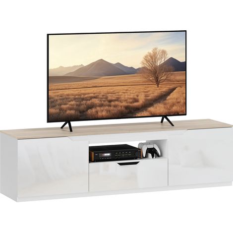 Meuble TV bas, finition laquée brillante, pour téléviseurs jusqu'à 65 pouces, 3 compartiments, tiroir, 160 x 38 x 43 cm, bois naturel (1/5)