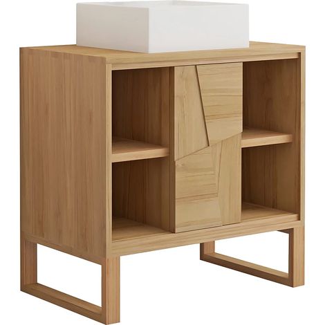 Mobile bagno su piedini in teak con lavabo da appoggio quadrato in ceramica L80 cm - MATARAM (1/5)