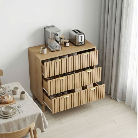 Kommode Modern mit 3 Schubladen, Lattenstruktur, Holzbeinen, für Wohnzimmer und Schlafzimmer, MDF und Spanplatte, Eiche, 80 × 39 × 80 cm (1/5)