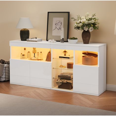 Aparador 155,5 x 35 x 72 cm con LED, 3 puertas, blanco OKMYHOME (1/5)