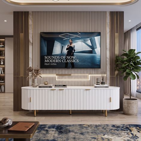 Creahappy Meuble TV 170x40x47 cm - Grand Rangement Salon avec 5 Portes Cannelées - Design Contemporain Arrondi Pieds Métal Doré - Blanc (1/5)