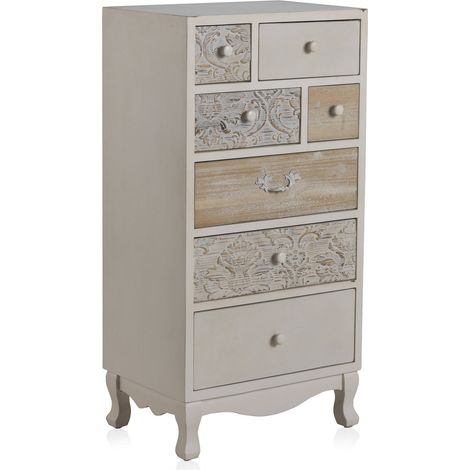 Commode bois blanc 7 tiroirs style vintage finition mate - blanc patiné effet bois clair (1/4)