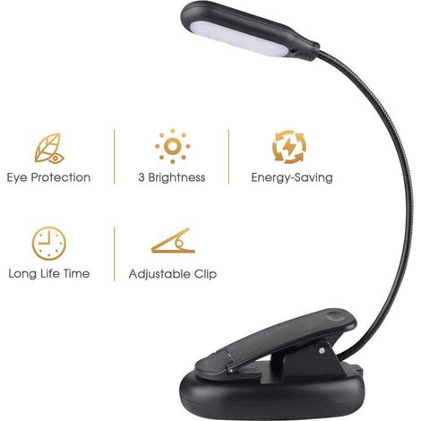 Lampe de lecture LED, blanc chaud, rechargeable, à pince, 3 couleurs, idéale pour étudier, travailler de nuit, faire du bricolage ou voyager.-AquaForge (1/5)