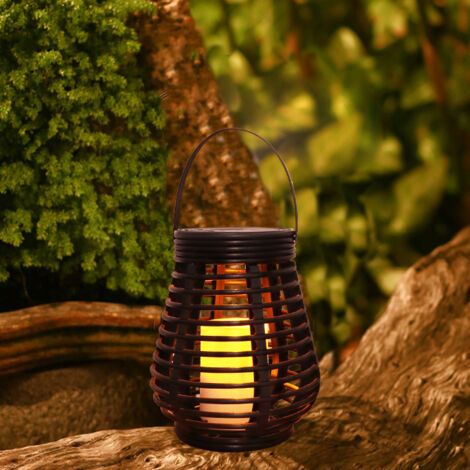 Lampe Solaire Lanterne Set Rotin Effet Marron Brun Plastique Marbré 1Pièces Forme de Larme et Ronde pour l‘Extérieur LED Eclairage Décoratif Jardin