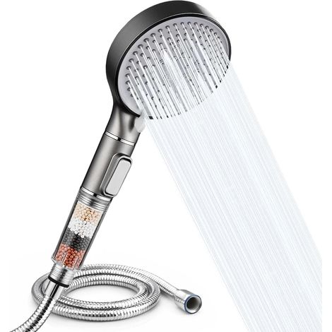 Pommeau de Douche Haute Pression Filtrant avec Flexible 1,5 m – Douchette Anti Calcaire avec Filtre Minéral, 5 Modes de Jet, Bouton Stop Eau, Installation Sans Outils, Universel (NICKEL BROSSÉ) (1/5)