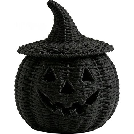Panier‑photophore citrouille Halloween tressé noir avec chapeau de sorcier, décoration intérieure (1/3)