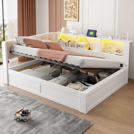 Letto matrimoniale 140x200 cm in legno e MDF bianco con contenitore, senza materasso - MEUBLIV (1/5)