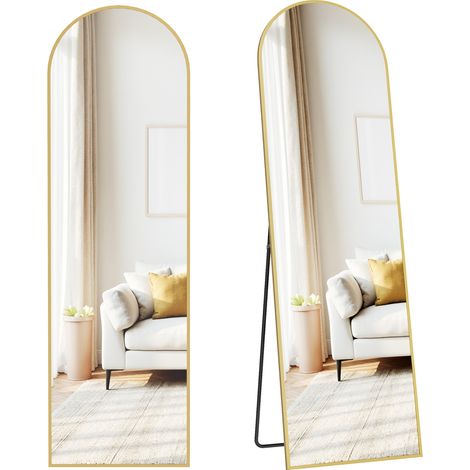 Songmics – Miroir sur pied 150 x 40 cm – Verre trempé de sécurité – Cadre en alliage d’aluminium – Design arqué pour chambre et salon – Doré clair (1/5)