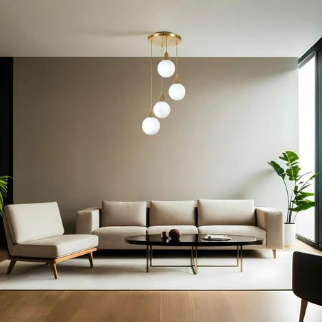 Suspension moderne dorée 4 globes verre dépoli SIERRE (1/5)