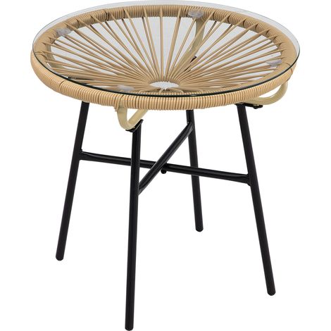 Mesa auxiliar de jardín redonda de ratán, vidrio templado, 50 x 50 x 50 cm, beige y negro (1/5)
