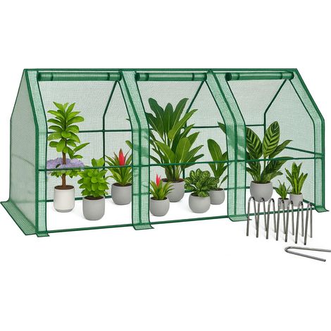 Mini Serre de Jardin à Toit Pointu avec 3 fenêtres avec Zip enroulables Bâche PE renforcée 135g/m2 pour semis Plantes Fleurs légumes 270x90x90cm Vert (1/5)