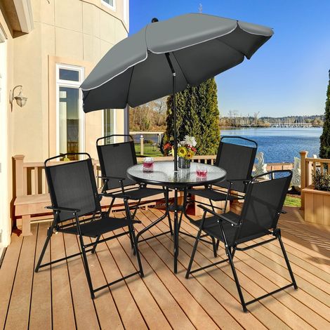 COSTWAY 6 tlg. Gartenmöbel Set mit 180cm Sonnenschirm & 4 Klappstühlen, Gartentisch, Gartengarnitur Sitzgruppe für Balkon, Garten, Terrassen