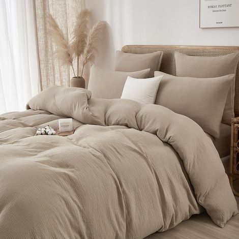 Housse de Couette Gaze de Coton 220x240 Kaki Marron Adulte Unie 2 Personnes Parure de Lit Moderne Douceur Parure Housse Couette avec Fermeture Éclair avec 2 Taies d'oreiller 65x65cm (1/5)