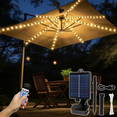 Lumières Solaires de Parapluie,Lampes pour Parasol Solaire 104 LED 8 Modes,Avec Télécommande,USB,Parasol décoration,Jardin,Tente de Camping (1/5)